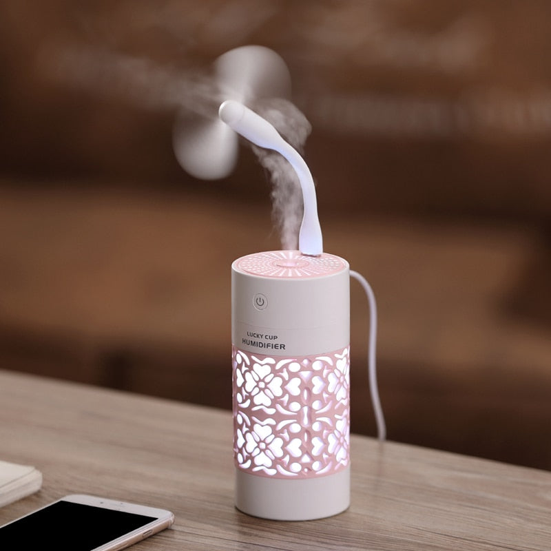 saengQ 250ml Air Humidifier with LED Night Lamp Mini Fan Aroma Essential Oil Diffuser USB Fogger Mist Maker for Home Office Car