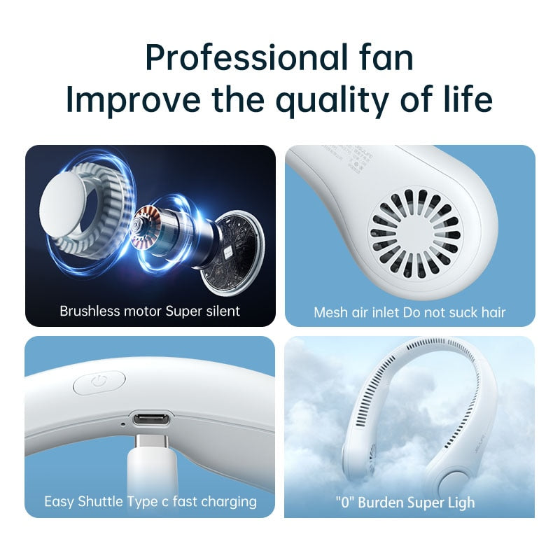 JISULIFE Portable Neck Fan USB Rechargeable Bladeless FAN MINI Electric Ventilador Silent Neckband Wearable Cooling for Sports